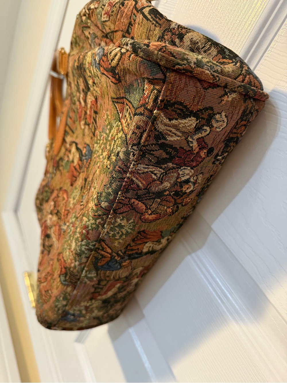 Brown Tapestry Satchel with Tan Leather Handles - Picture 3 of 5